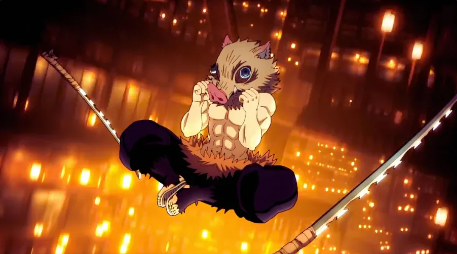 Inosuke Hashibira leaping between his twin serrated blades